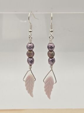 Soft Pink Shell Leaf Drop Earrings with Lavender Beads